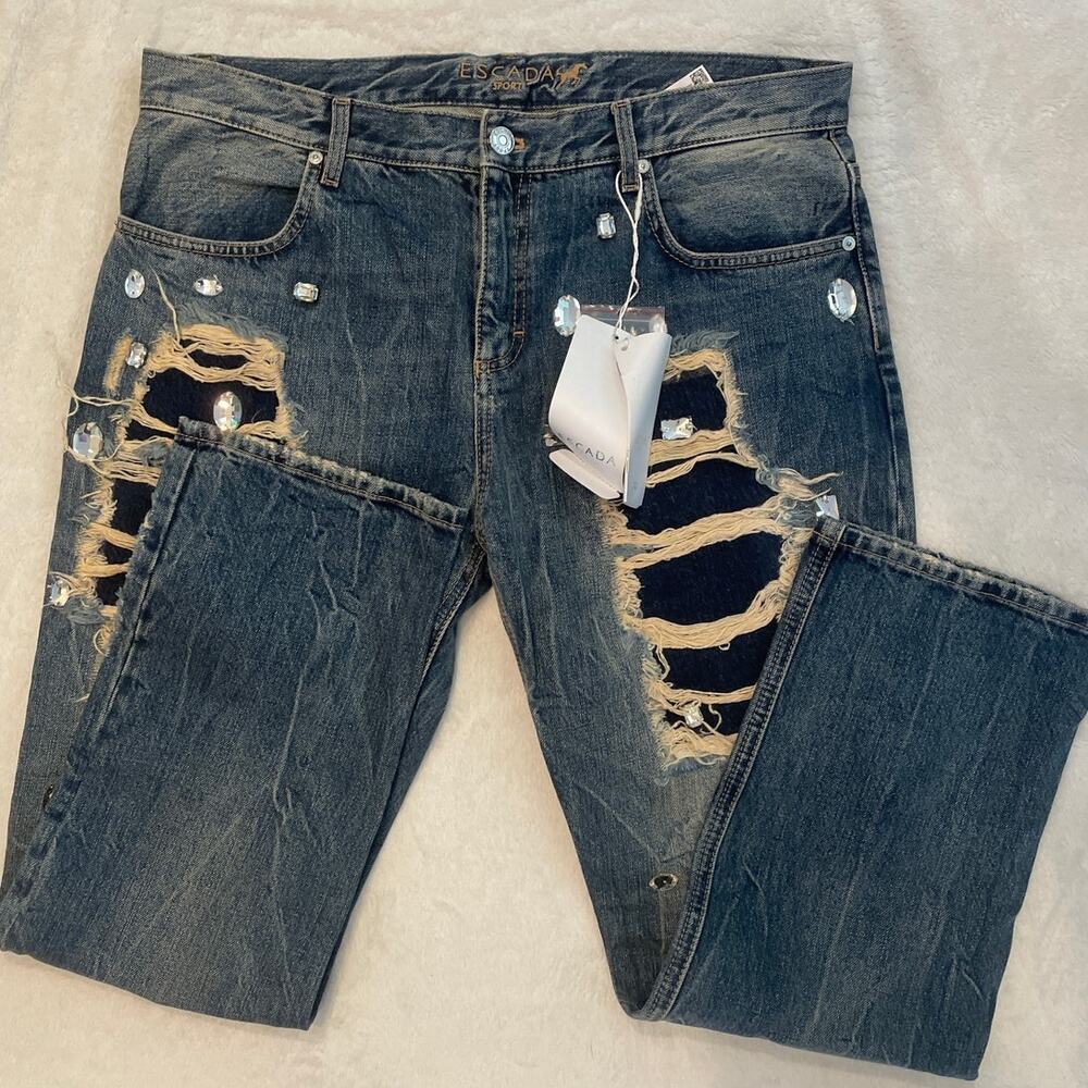 ESCADA SPORTS Rhinestone Patchwork Skinny Ripped Jeans 36 Bright Blue NWT